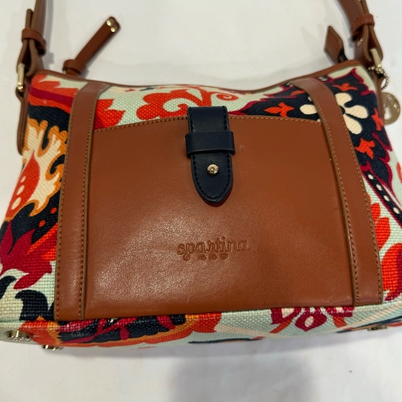 SPARTINA 449 tan leather linen in gorgeous light blue print purse bag - Picture 3 of 16